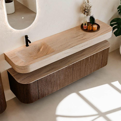 MONDIAZ THOR-DLUX 180cm meuble de salle de bains arrondi gauche + droite couleur Walnut avec 2 tiroirs et 2 portes. Vasque suspendue CLOUD gauche 1 trou de robinet couleur Saba.