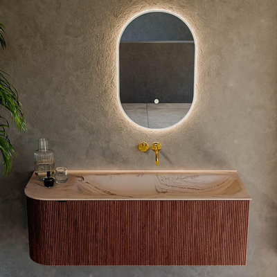 MONDIAZ KURVE-DLUX Meuble de salle de bains 125cm arrondi à gauche couleur Ruby avec 1 tiroir et 1 porte. Lavabo BIG MEDIUM à droite sans trou de robinet Arena.