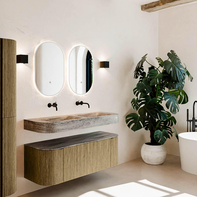 MONDIAZ THOR-DLUX 130cm meuble de salle de bains arrondi gauche + droite couleur Dusk avec 1 tiroir et 2 portes. Vasque suspendue CLOUD Double sans trou de robinet couleur Oza.