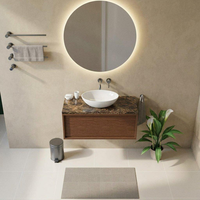 Saniclass Holz Frame Ensemble de meubles de salle de bains - 100x45x43cm - Noche plan en pierre naturelle dark emperador - sans trou de robinetterie - 1 tiroir - mat walnut pure (bois)