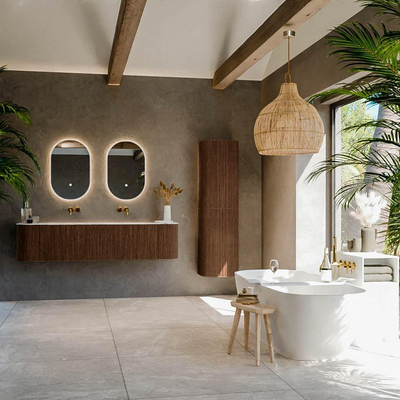 MONDIAZ KURVE-DLUX meuble de salle de bains 180 cm avec module 25 Len R couleur Walnut avec 2 tiroirs et 2 portes. Lavabo LEAF double sans trou de robinet couleur Glace.