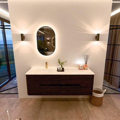 Mondiaz CIRO-DLUX Ensemble de meubles de salle de bains - 150x45x50cm - Plan vasque solid surface Opalo - 1 vasque à gauche - 1 trou de robinet - 4 tiroirs - Noyer