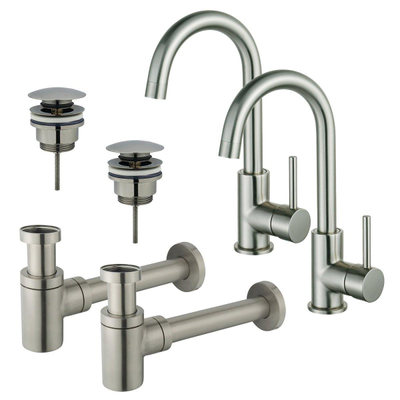 FortiFura Calvi Kit robinet lavabo - pour double vasque - robinet haut - bec rotatif - bonde clic clac - siphon design bas - Inox brossé PVD