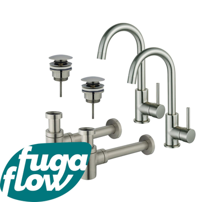 FugaFlow Eccelente Sobrado Badkamer Wastafelkraanset - voor dubbele wastafel - hoge wastafelkraan - draaibare uitloop - klikwaste plug - verlaagde design sifon - PVD Geborsteld RVS