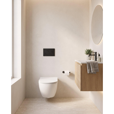 Pack WC QeramiQ Dely Swirl Compact - réservoir encastrable Geberit UP320 - avec bâti-support Burda - abattant slim - plaque de commande en métal noir mat - boutons ronds - blanc brillant