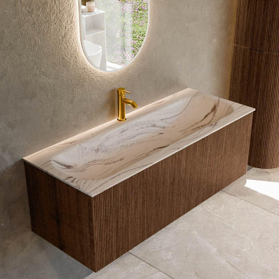 MONDIAZ KURVE-DLUX 120cm badmeubel kleur Walnut met 1 lade en 0 deuren. Wastafel BIG LARGE Midden 1 kraangat Nata.