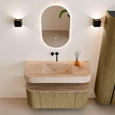 MONDIAZ THOR-DLUX Meuble de salle de bains 110cm arrondi gauche + droite couleur Dusk avec 1 tiroir et 2 portes. Vasque suspendue CLOUD Milieu sans trou de robinet couleur Saba.