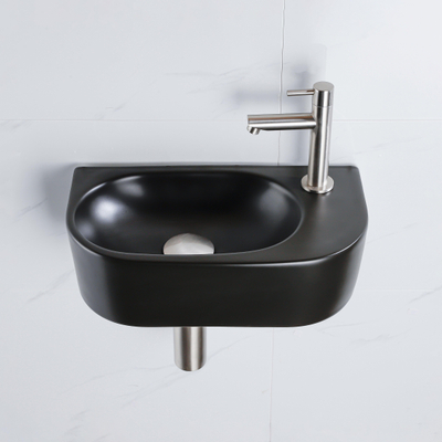 QeramiQ Fuente Ensemble de Lavabo - 40x21.5x12cm - droit - lisse - demi-rond - 1 trou de robinet - céramique - robinet de lavabo en inox brossé - bouchon de vidange - siphon réduit - noir mat