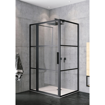 Riho Grid Cabine de douche XL rectangulaire 120x90cm 1 porte pivotante profilé noir mat et verre clair