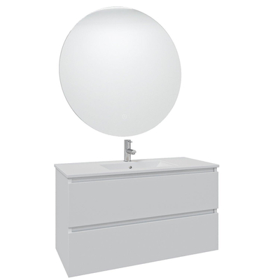 Adema Chaci Meuble salle de bain - 100x46x57cm - 1 vasque en céramique blanche - 1 trou de robinet - 2 tiroirs - miroir rond avec éclairage - blanc mat