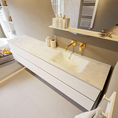 MONDIAZ VICA-DLUX Ensemble meuble de salle de bains - 200cm - sous-meuble talc - 4 tiroirs - lavabo encastré cloud à droite - sans trous de robinet - version haute 60cm - opalo