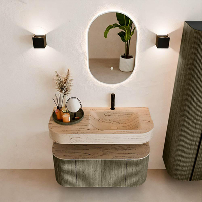 MONDIAZ THOR-DLUX 100cm meuble de salle de bains arrondi gauche + droite couleur Shadow avec 1 tiroir et 2 portes. Vasque suspendue CLOUD Droite 1 trou de robinet couleur Arena.