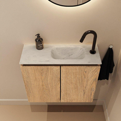 MONDIAZ TURE-DLUX Meuble de toilette 60 cm Chêne lavé. Lavabo EDEN Opalo position droite. Avec 1 trou de robinet.