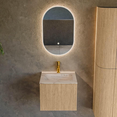 MONDIAZ KURVE-DLUX 50cm badmeubel kleur Oak met 1 lade en 0 deuren. Wastafel GRUNNE Midden 1 kraangat Nata.
