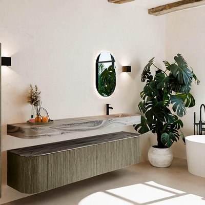 MONDIAZ THOR-DLUX Meuble de salle de bains - 200cm - arrondi gauche + droite - couleur Shadow - 2 tiroirs et 2 portes - Vasque suspendue CLOUD Droite 1 trou de robinet couleur Sombra