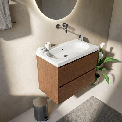 Saniclass Holz Pure Ensemble meuble de salle de bains - 80x45x63.5cm - lavabo en céramique Palermo blanc - 1 vasque - sans trou de robinet - 2 tiroirs - walnut pure mat (bois)