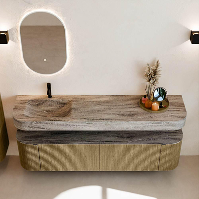 MONDIAZ THOR-DLUX 180cm meuble de salle de bains arrondi gauche + droite couleur Dusk avec 2 tiroirs et 2 portes. Vasque suspendue CLOUD Gauche 1 trou de robinet couleur Oza.