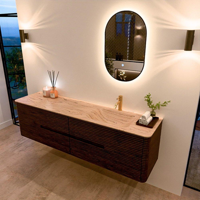 Mondiaz CIRO-DLUX Badkamermeubelset - 180x45x50cm - Solid surface wastafel Arena - 1 wasbak Rechts - 1 kraangat - 4 lades - Walnut