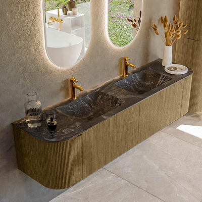 Mondiaz KURVE-DLUX Badkamermeubelset - 180x46x40cm - 2 lade - 2 deuren - wastafel solid surface - dubbel - 2 kraangaten - Dusk