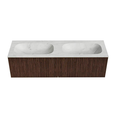 MONDIAZ KURVE-DLUX 150cm badmeubel kleur Walnut met 2 lades. Wastafel STOR SMALL dubbel 2 kraangaten kleur Opalo.
