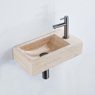 FugaFlow Efficiente Pietra Ensemble de lave-mains - 40x22x10cm - trou de robinet à droite - robinet de lave-mains gunmetal brossé PVD - bonde - siphon abaissé - pierre naturelle mouchetée