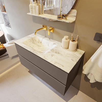 Mondiaz VICA-DLUX Ensemble de meuble de salle de bain - 100cm - meuble sous-vasque fumée - 2 tiroirs - lavabo encastré nuage gauche - sans trous de robinet - version haute 60cm - glace