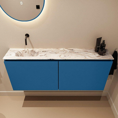 MONDIAZ TURE-DLUX Meuble toilette - 120cm - Jeans - EDEN - vasque Glace - position gauche - sans trou de robinet