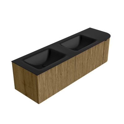 Ensemble de meuble salle de bain Mondiaz KURVE - 155x46x40cm - 2 tiroirs - 1 porte - lavabo en solid surface - double / gauche - sans trou de robinet - Dusk