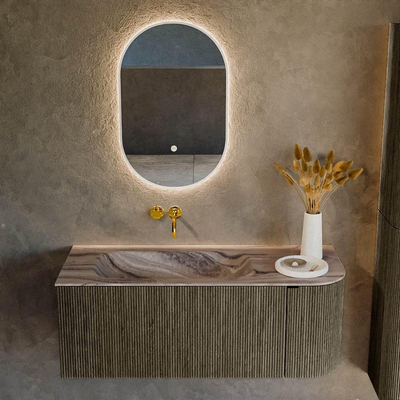 MONDIAZ KURVE-DLUX Meuble de salle de bains 115 cm arrondi à droite couleur Shadow avec 1 tiroir et 1 porte. Lavabo BIG SMALL à gauche sans trou de robinet Sombra.