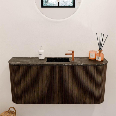 Mondiaz JOYA-DLUX 93.2cm toiletmeubel - ronding links en rechts kleur Walnut - Wastafel FAYE positie Midden 1 kraangat kleur Lava.