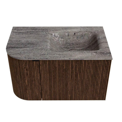 MONDIAZ KURVE-DLUX 75cm badmeubel ronding Links kleur Walnut met 1 lade en 1 deur. Wastafel GRUNNE Rechts zonder kraangat Oza.