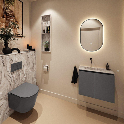 MONDIAZ TURE-DLUX Meuble toilette - 60cm - Dark Grey - EDEN - vasque Glace - position gauche - sans trou de robinet