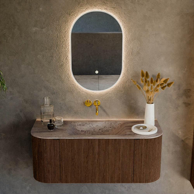 MONDIAZ KURVE-DLUX 110cm badmeubel ronding Links + Rechts kleur Walnut met 1 lade en 2 deuren. Wastafel CLOUD Midden zonder kraangat Oza.