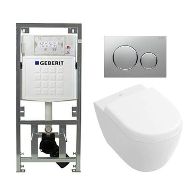 Villeroy en Boch Subway 2.0 compact DirectFlush toiletset met Geberit reservoir en bedieningsplaat Sigma20 mat glans mat softclose met quickrelease wit