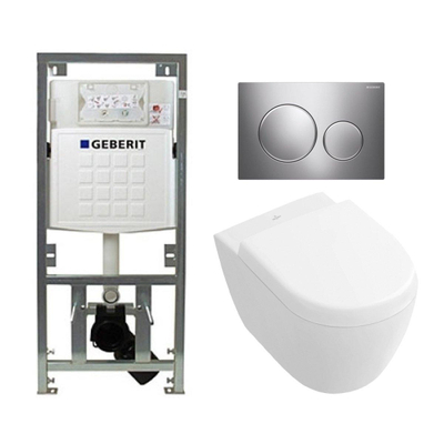 Villeroy en Boch Subway 2.0 compact DirectFlush toiletset met Geberit reservoir en bedieningsplaat Sigma20 glans mat glans softclose met quickrelease wit