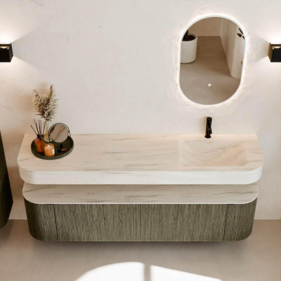 MONDIAZ THOR-DLUX 180cm meuble de salle de bains arrondi gauche + droite couleur Shadow avec 2 tiroirs et 2 portes. Vasque suspendue CLOUD Droite 1 trou de robinet couleur Meli.