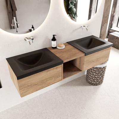 Mondiaz bukla ensemble de meubles de bain 160x45x34cm 0 robinetterie 2 lavabos surface solide urbaine sans poignée 2 tiroirs avec fermeture douce mélamine chêne lavé