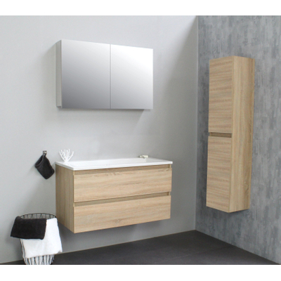 Basic Bella Meuble avec lavabo acrylique sans trou de robinet 100x55x46cm avec armoire toilette à 2 portes gris Chêne