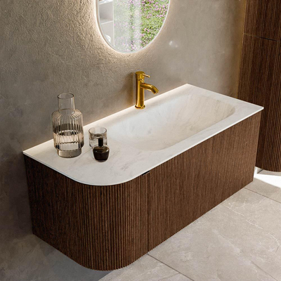 MONDIAZ KURVE-DLUX 105cm badmeubel met module 25 L kleur Walnut met 1 lade en 1 deur. Wastafel BIG SMALL rechts 1 kraangat kleur Opalo.