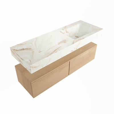 Mondiaz ALAN-DLUX Ensemble de meuble - 130cm - meuble Washed Oak mat - 2 tiroirs - Lavabo Cloud Frappe suspendu - vasque Droite - 1 trou de robinet
