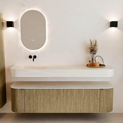 MONDIAZ THOR-DLUX 170cm meuble de salle de bains arrondi gauche + droite couleur Dusk avec 1 tiroir et 2 portes. Vasque suspendue CLOUD gauche sans trou de robinet couleur Meli.