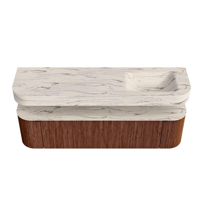 MONDIAZ THOR-DLUX Meuble de salle de bains 170cm arrondi gauche + droite couleur Ruby avec 1 tiroir et 2 portes. Vasque suspendue CLOUD Droite sans trou de robinet couleur Nata.