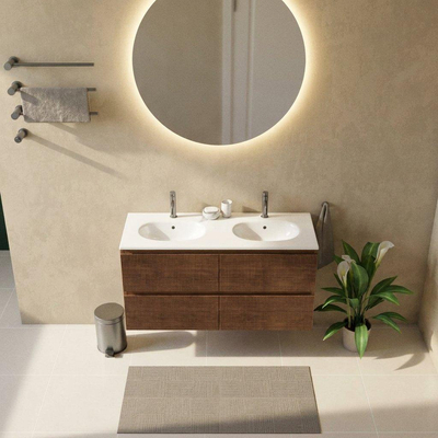 Saniclass Holz Atelier Ensemble de meubles de salle de bains - 120x45x74cm - lavabo Chaci en céramique blanc - 2 vasques - 2 trous de robinetterie - 2 tiroirs - walnut pure mat (bois)