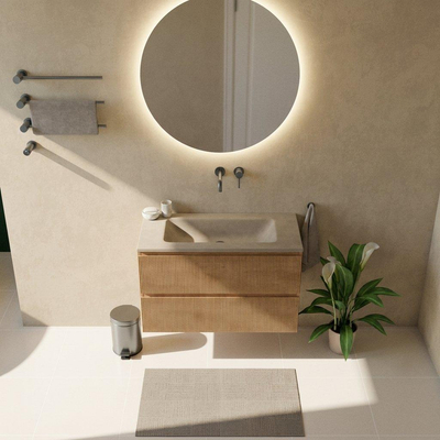 Saniclass Holz Atelier Ensemble meuble de salle de bains - 100x45x77.5cm - lavabo Torino en solid surface blanc - sans trou de robinet - 2 tiroirs - chêne natural mat (bois)
