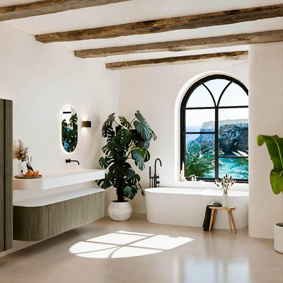 MONDIAZ THOR Meuble de salle de bains 180cm arrondi gauche + droite couleur Shadow avec 2 tiroirs et 2 portes. Vasque suspendue CLOUD Droite sans trou de robinet couleur Talc.