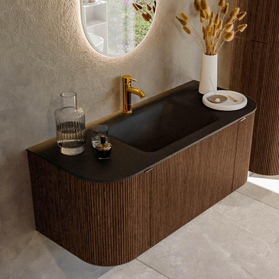 MONDIAZ KURVE 110cm badmeubel met module 25 Len R kleur Walnut met 1 lade en 2 deuren. Wastafel CLOUD midden 1 kraangat Urban.