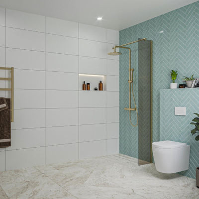 FugaFlow Eccelente Vetro inloopdouche badkamer - 30x200cm - rookglas - wandarm - geborsteld messing