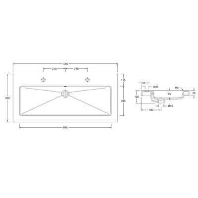 Wiesbaden Kera wastafel enkel met 2 kraangaten 100x46x5 cm keramiek glans wit