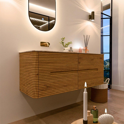 Mondiaz CIRO-DLUX Badkamermeubelset - 130x45x50cm - Solid surface wastafel Frappe - 1 wasbak Links - zonder kraangaten - 4 lades - Oak