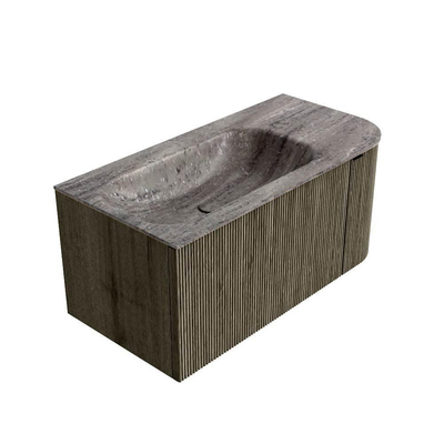 MONDIAZ KURVE-DLUX meuble de salle de bains 95cm courbure droite couleur Shadow avec 1 tiroir et 1 porte. Vasque BIG SMALL gauche sans trou de robinetterie Oza.